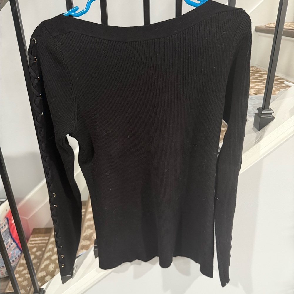 INC International Concepts Black Lace-Up Sleeve Blouse